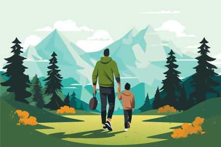 Father and his little son walking outdoor in the mountain forest, Contemporary Trendy Flat vector illustrationのイラスト素材