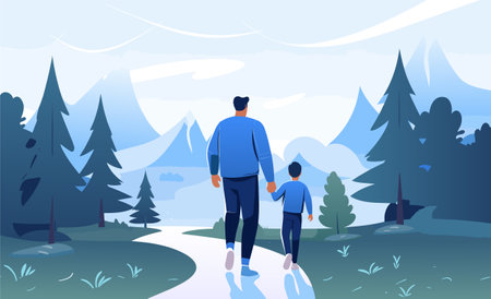 Father and his little son walking outdoor in the mountain forest, Contemporary Trendy Flat vector illustrationのイラスト素材