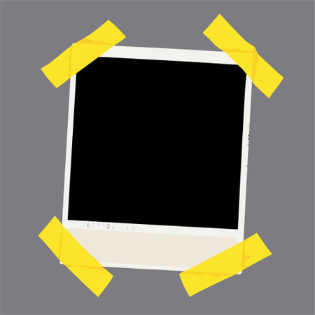Empty instant photo frame fixed with yellow adhesive tape. Vector illustrationのイラスト素材
