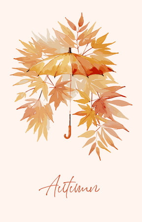 Vertical autumn banner with umbrella and autumn leaves. Vector illustration in watercolor styleのイラスト素材