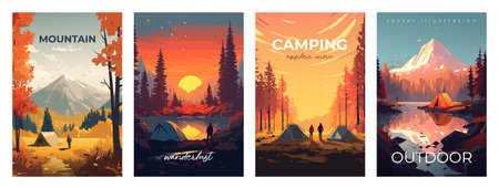 Mountain adventure and travel, flat colors vertical poster. Camping and hiking. Vector illustrationのイラスト素材