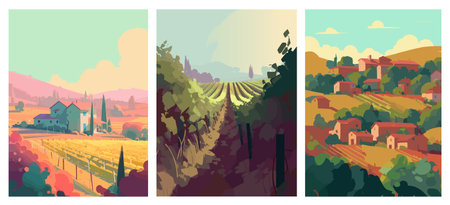 Vineyard farm village landscape flat colors posters. Vector illustration for social, banner or card.のイラスト素材