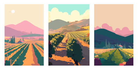Vineyard farm village landscape flat colors posters. Vector illustration for social, banner or card.のイラスト素材