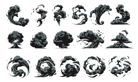 Explosion, burst fire effect of exploded dynamite or nuclear bombs with energy flashes, dust splashes and smoke clouds cartoon collection. Vector illustrationのイラスト素材