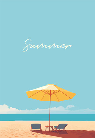 Summer holidays. Sunny umbrella with sun loungers on a sandy beach. Vertical Orientation. Vector illustration for covers, prints, postersのイラスト素材