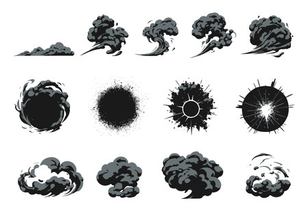 Explosion, burst fire effect of exploded dynamite or nuclear bombs with energy flashes, dust...