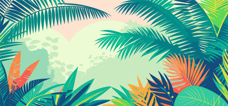 Colorful tropical forest landscape, flat colors panoramic banner. Tropical vacations template design. Vector illustrationのイラスト素材