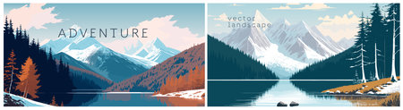 Epic scenery with Mountain forest and lake, flat colors panoramic banner. Winter adventures and vacations template design. Vector illustrationのイラスト素材