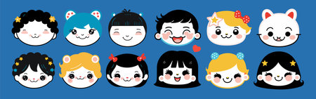 Kawaii avatars collection, simple style kids head icons. Vector illustrationのイラスト素材