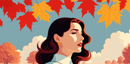 Fall season. Beautiful woman in autumn, maple leaves, panoramic view. Vector illustrationのイラスト素材