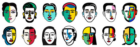 Abstract minimal geometric faces. Flat colors. Cubism, bauhaus. Vector set.のイラスト素材