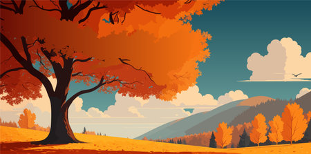 Fall season. Beautiful autumn landscape, panoramic view. Vector illustrationのイラスト素材