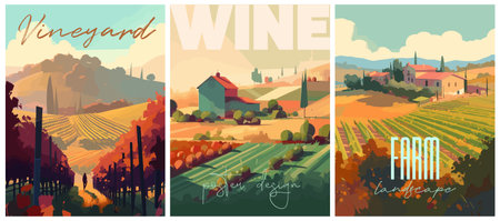 Vineyard farm landscape flat colors typography posters. Wine and grape. Vector illustration for social, banner or card.のイラスト素材
