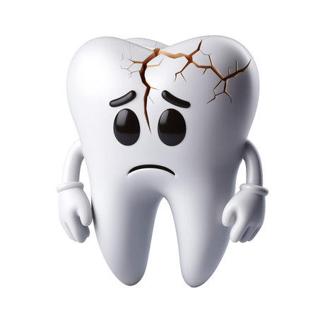 Sad cartoon tooth character with cracks and cavities, 3d style, isolatedの素材