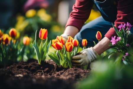 Close up photo of Gardener planting flowers in home garden. Generative AIの素材