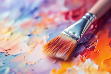 Close up photo of painting brush and color palette with mixed paint. Generative AIの素材
