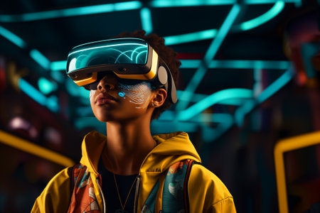 Stylish girl wearing vr googles in futuristic environment. Generative AI.の素材