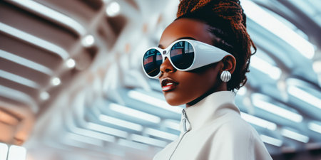 Stylish girl wearing augment reality googles in futuristic environment. Generative AI.の素材