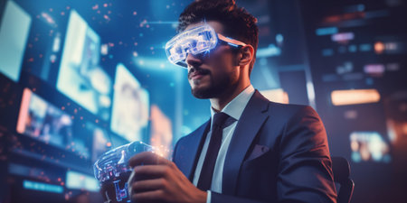 Businessman in a futuristic environment with a holographic interface, using augmented reality glasses. Generative AIの素材