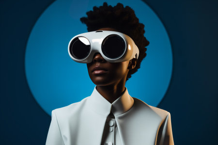 Stylish girl wearing augment reality googles in futuristic environment. Generative AI.の素材