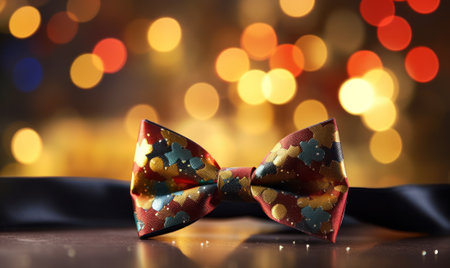 Stylish bow tie, close-up on a festive blurred background. Wedding, other event backdrop. Generative AI.の素材