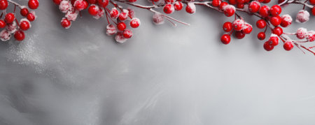 Christmas panoramic background with red berries. Generative AI.の素材