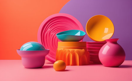 Abstract background with a variation of ceramic shapes. Retro futuristic style, bright colors. Generative aiの素材