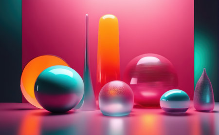 rendy background with a composition of glass objects of different shapes. Retro-futuristic style, bright colors. Generative aiの素材