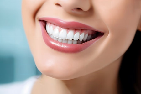Dentistry. Close-up of a smile with beautiful straight teeth. Generative aiの素材
