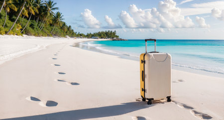 Tropical vacation, suitcase standing on a sandy ocean beach, travel concept. Generative AIの素材