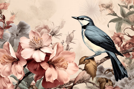 Beautiful garden with birds and flowers, pastel palette. Generative AIの素材
