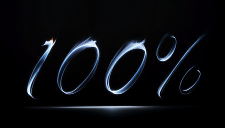 100% value symbol made from blue burning flame, on black backgroundの素材