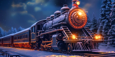 Christmas train in the snow forest. Locomotive rides among the snowy trees. Winter Landscape. Christmas night. Generative AIの素材