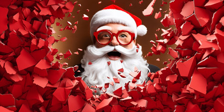 Funny happily excited Santa Claus portrait through red paper wall. Generative AIの素材