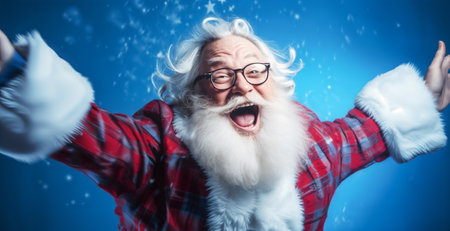 Funny happily excited Santa Claus jumps into the air on blue snowy background. Generative AIの素材