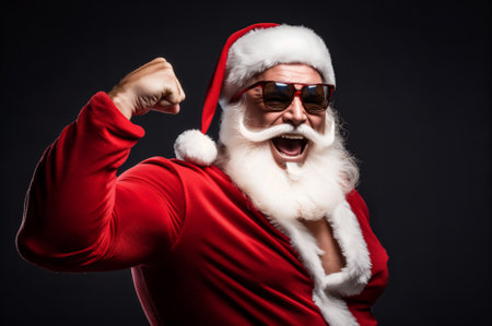 Strong muscular excited Santa Claus posing on black studio background. Generative AIの素材