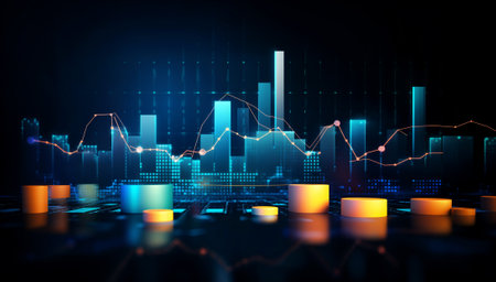 Panoramic abstract backdrop with stock market growth/down, digital financial chart graphs and indicators. Generative AIの素材