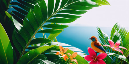 Tropical plants, flowers and colorful beautiful bird. Panoramic tropical background. Generative AIの素材