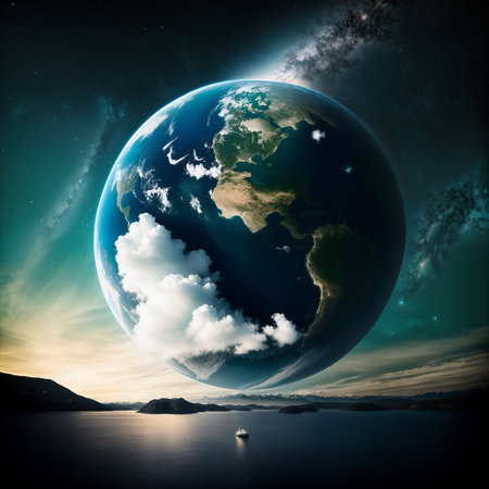 Epic, photorealistic landscape with lake, mountains and planet Earth in night starry sky. Generative aiの素材