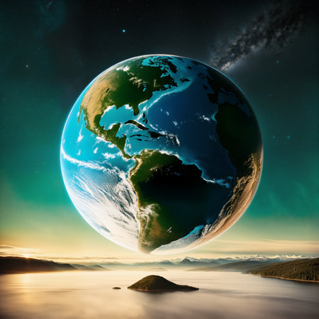 Epic, photorealistic landscape with lake, mountains and planet Earth in night starry sky. Generative aiの素材