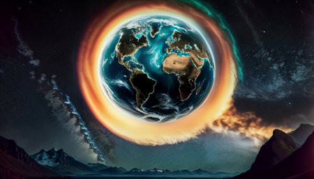 Epic, photorealistic landscape with lake, mountains and planet Earth in night starry sky. Generative aiの素材