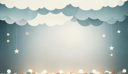 Paper clouds and stars retro background. Pastel palette, dreamy abstract background.の素材