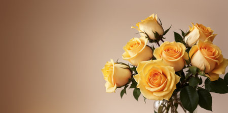 Beautiful yellow roses in vase on yellow background. Greeting card template. Generative AIの素材