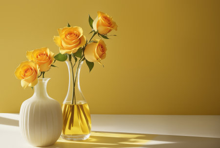 Beautiful yellow roses in vase on yellow background. Greeting card template. Generative AIの素材