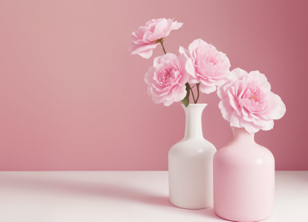 Pink rose flowers in vase on white table and pink wall backgroundの素材