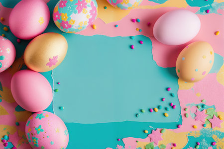 Decorated easter eggs pastel colors. Free space for text. Easter card template. Generative AIの素材