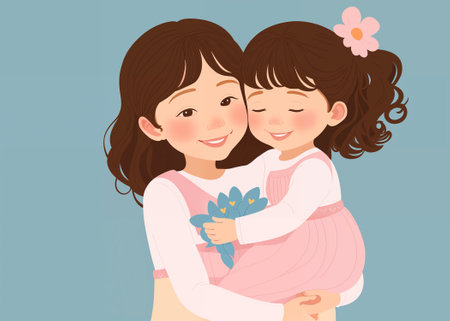 Smiling brunette woman hugs her cute little daughter. Happy mother's day. Generative AIの素材