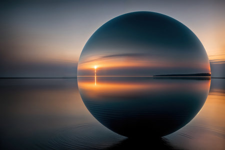 Abstract minimalist background, landscape with mirror sphere in the water. Futuristic wallpaper. Generative AIの素材