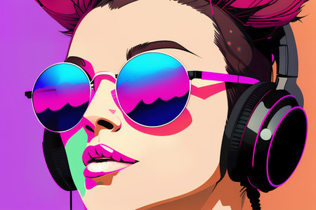 Girl in sunglasses and headphones. Flat, neon colors. Mixed fashion, 80's, 90's aesthetic. Music wallpaper Generative AIの素材