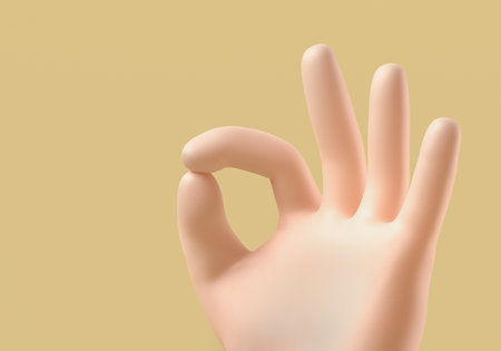 3d rendering of cartoon hand, okay sign gesture on beige backgroundの写真素材